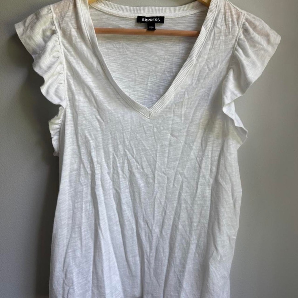 White Express V-neck blouse with ruffle sleeves, size S